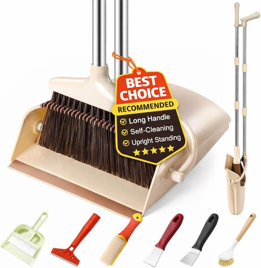 Broom and Dustpan Set with Long Handle, Upright Standing Self-Cleaning Combo, Windproof Dustpan with 6 Bonus Cleaning Tools for Pet Hair, Home, Kitchen, Garage & Apartment