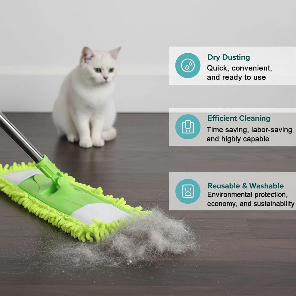 Dust Mop for Floor Cleaning with 2 Washable Chenille Pads and Extendable 58” Long Handle, Dry Wet Flat Mop with Scouring Pad for Hardwood, Laminate, Tile, Marble (Green)