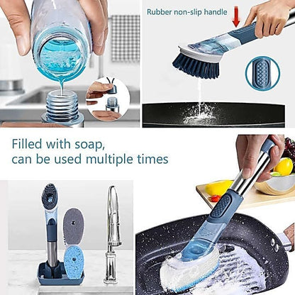 Soap-Dispensing Dish Washing Brush Set – Includes 4 Replaceable Heads & Stylish Storage Stand – Effortless Scrubbing for Dishes, Pots, Pans & Sinks