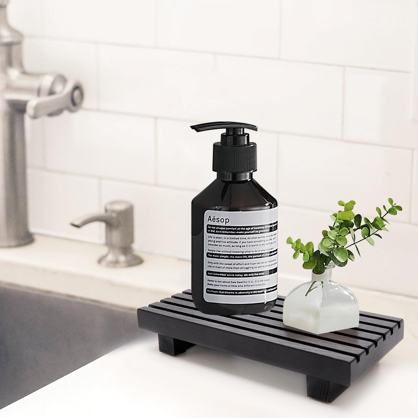 Renawe Small Kitchen Sink Soap Tray for Counter Soap Dish Dispenser Holder Wooden Risers Stand for Bathroom Decor Farmhouse Wood Pedestal Kitchen Accessories Countertop Vanity Counter Decorative Tray