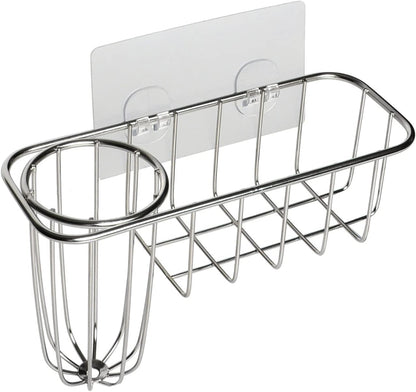 HULISEN 3-in-1 Sponge Holder for Kitchen Sink with Dish Brush Holder, Stainless Steel Caddy for Soap, Scrubber, No Drill and Rustproof, Silver