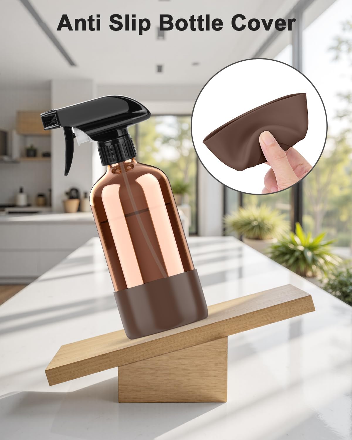 Bontip Amber Glass Spray Bottle with Silicone Sleeve Protection, 16 oz Refillable Spray Bottles for Cleaning Solutions, Plants, Aromatherapy, Facial Hydration (1, Black, 16 oz)