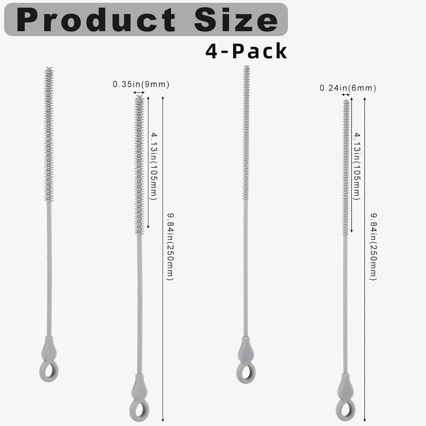 Silicone Straw Cleaner Brush, 4-Piece Reusable Straw Brush Set with Extra-Long Design for Cleaning Thin Metal Straws and Wider Milkshake Straws （6mm+9mm Pink)