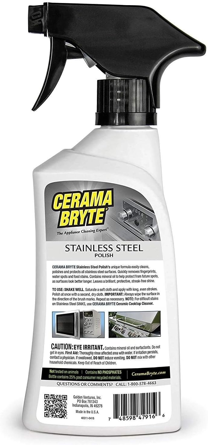 Cerama Bryte High Strength Protective Stainless Steel Appliance Cleaner & Polish Spray with Mineral Oil - 16 oz, Includes Large Microfiber Cloth