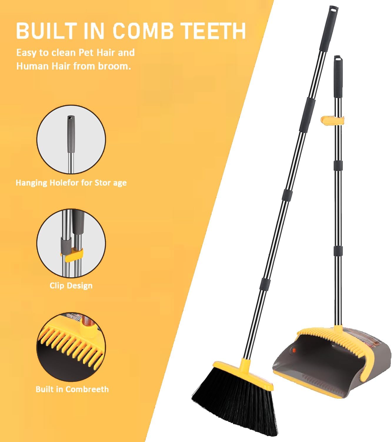 2-Pack is More economical,Brooms with Dustpan Combo Set， with 52" Long Handle, Dustpan Teeth with self-Cleaning Function, Indoor and Outdoor Sweeping, Perfect for Home Office (Large/Red /2-Pack)
