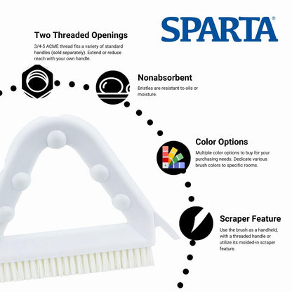 SPARTA Plastic Commercial Grout Brush, Triangle-Shaped Scrub Brush with Scraper and Two Threaded Holes for Attaching Handle (Sold Separately), 9 x 7 x 7 Inches, Gray