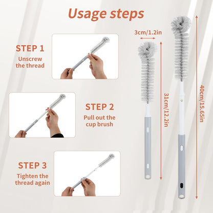 Bottle Brush Set – Adjustable Long Handle (Up to 15.6”) Narrow Bottle Cleaner, Fixed Handle Bottle Cleaning Brush, 2 Traceless Hooks & 2 Straw Brushes for Water Bottle Coffee Maker& More