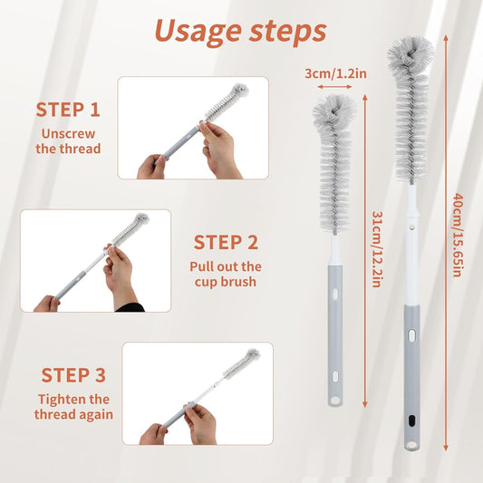 Bottle Brush Set – Adjustable Long Handle (Up to 15.6”) Narrow Bottle Cleaner, Fixed Handle Bottle Cleaning Brush, 2 Traceless Hooks & 2 Straw Brushes for Water Bottle Coffee Maker& More