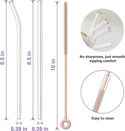 YOTIME 6-Pack Reusable Glass Straws Set, 8.5''x10MM, Set of 3 Straight and 3 Bent with 1 Silicone Cleaning Brush, Perfect for Smoothies, Juice, Milkshake and Coffee (Clear Straws, Pink Brush)