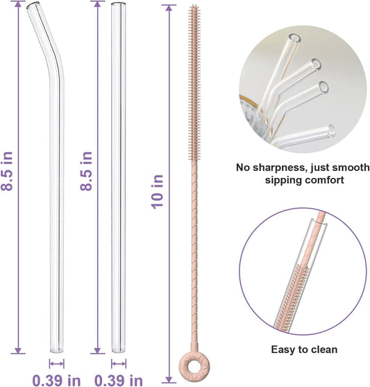 YOTIME 6-Pack Reusable Glass Straws Set, 8.5''x10MM, Set of 3 Straight and 3 Bent with 1 Silicone Cleaning Brush, Perfect for Smoothies, Juice, Milkshake and Coffee (Clear Straws, Pink Brush)