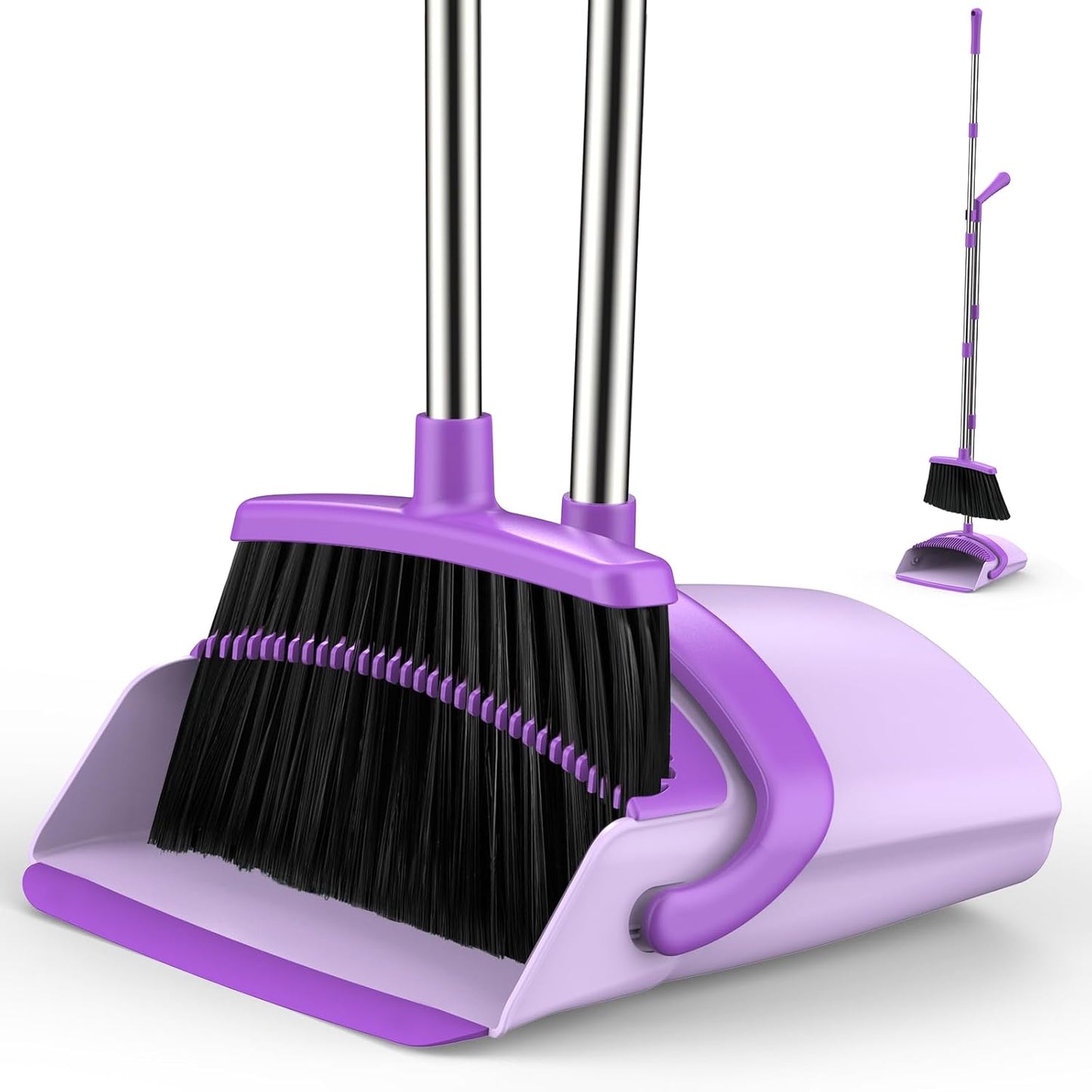 Broom and Dustpan Set for Home, 51-in Long Adjustable Handle Angle Broom and Dustpan Combo Set with Dust Pan Teeth to Clean Hair for Home Kitchen Office Lobby Floor Garden (Black&White)