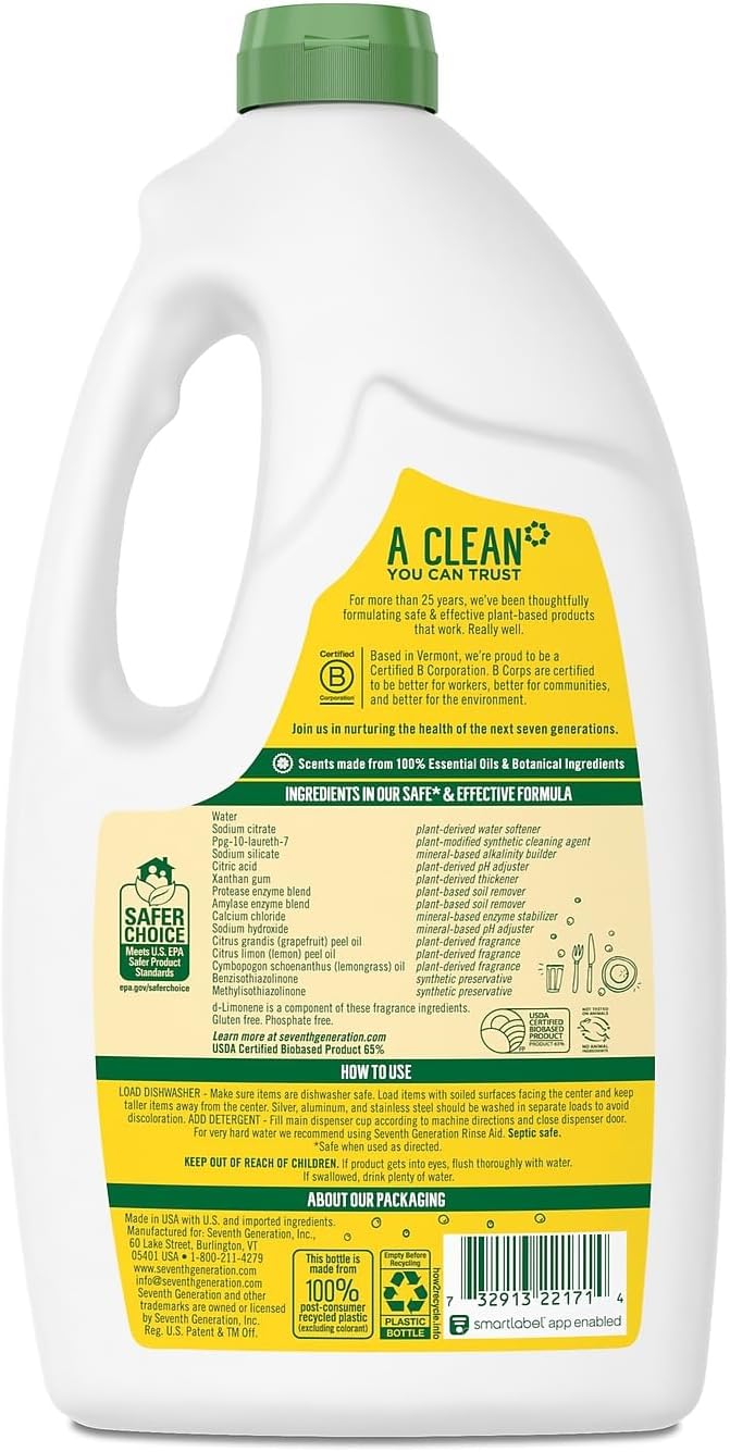 Seventh Generation 22171EA Natural Automatic Dishwasher Gel, Lemon, 42 oz Bottle