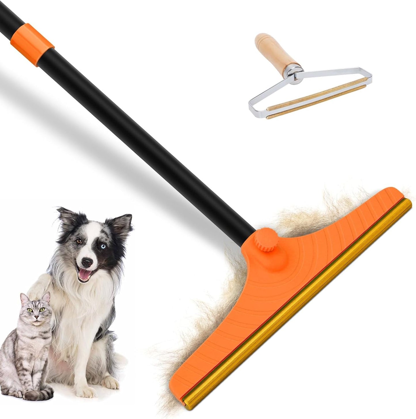 Carpet Rake for Pet Hair Removal - Reusable Pet Hair Remover, 60” Adjustable Long Handle Cat Dog Carpet Rake Scraper with Patented Design, Dog Hair Rake Brush for Rugs, Mats