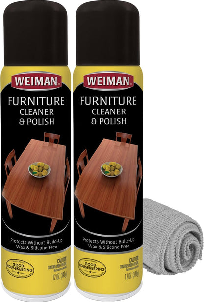 Weiman Wood Furniture Cleaner & Polish - Cleans, Shines & Protects Finished Wood Surfaces - 2 PACK with MicroFiber Cleaning Towel Included