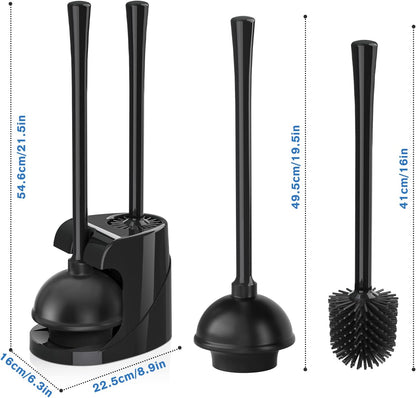 Toilet Plunger and Brush Set, Silicone Toilet Brush and Plunger with Holder for 5.7-inch Toilet Drain, 2-in-1 Toilet Brush Plunger Combo with Caddy Stand (Black)