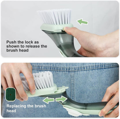 CQT Soap Dispensing Dish Brush Storage Set, Dish Scrubber with Handle, Kitchen Washing Brush for Pot Pan Sink Cleaning, Kitchen Brush with Holder and 1 Replaced Scouring Pad Head