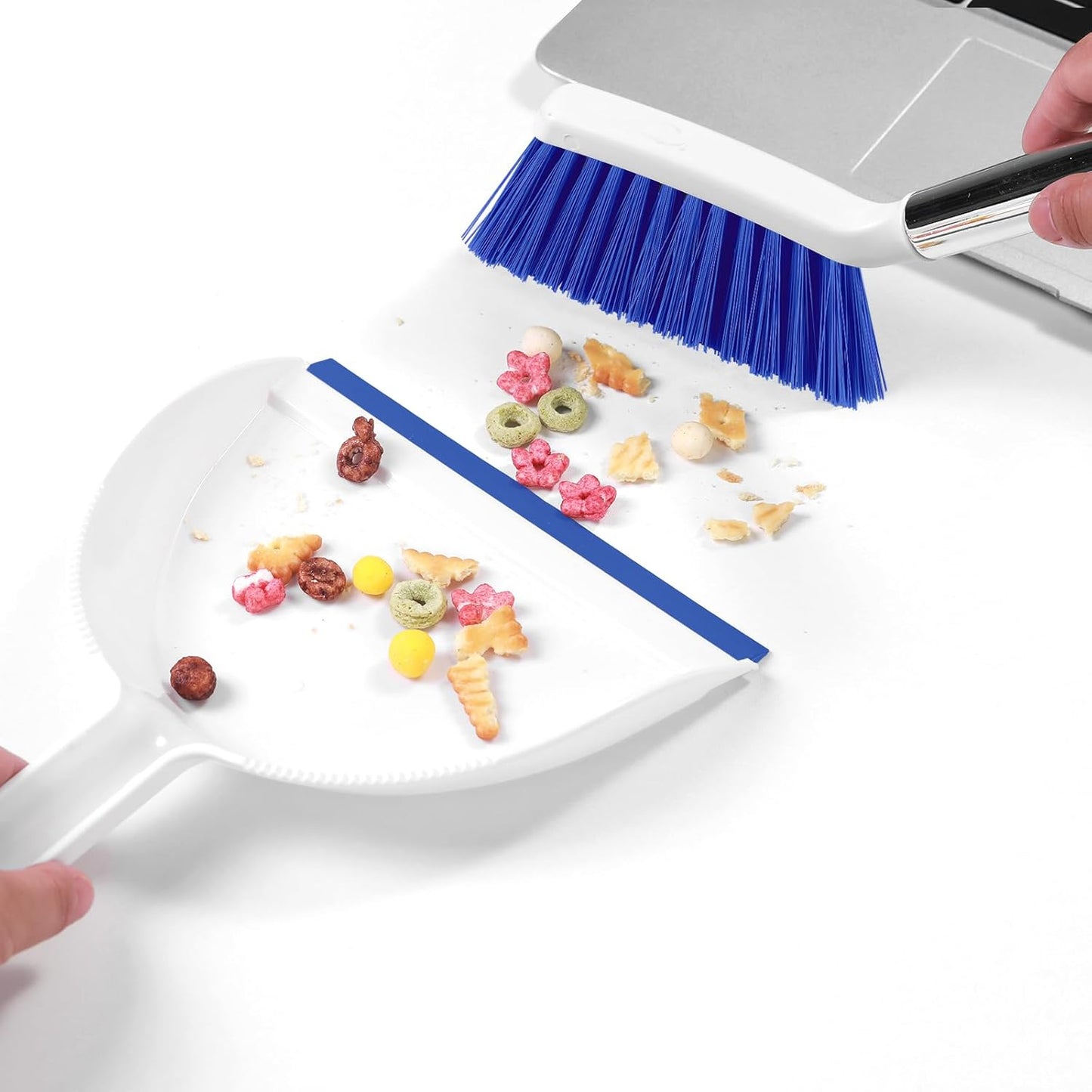 NACENA Mini Broom and Dustpan Set, Small Dust Pan and Brush Set with Handle Dustpan Teeth for Cleaning Hair Suitable for Office Desks Drawers Sofas Outdoor Camping, Light & Purple