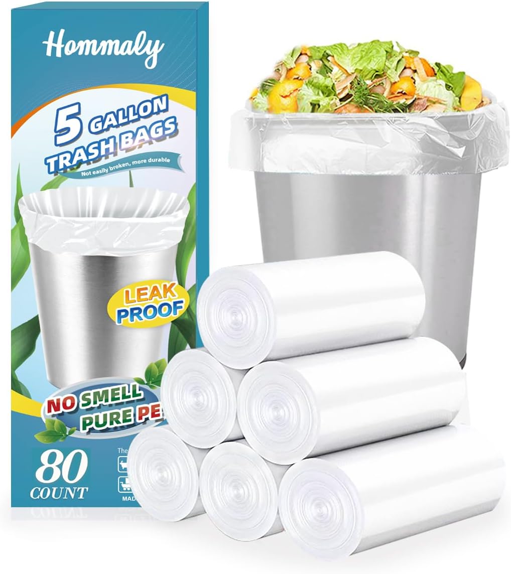 Hommaly 2 Gallon (1.8-2 Gal)120 pcs Small Clear Trash Bags, Strong 1.8 Gallon Garbage Bags, Bathroom Trash Can Bin Liners Unscented, Mini Plastic Bags for Office, Waste Basket Liner,Fit 6,7,8 Liters