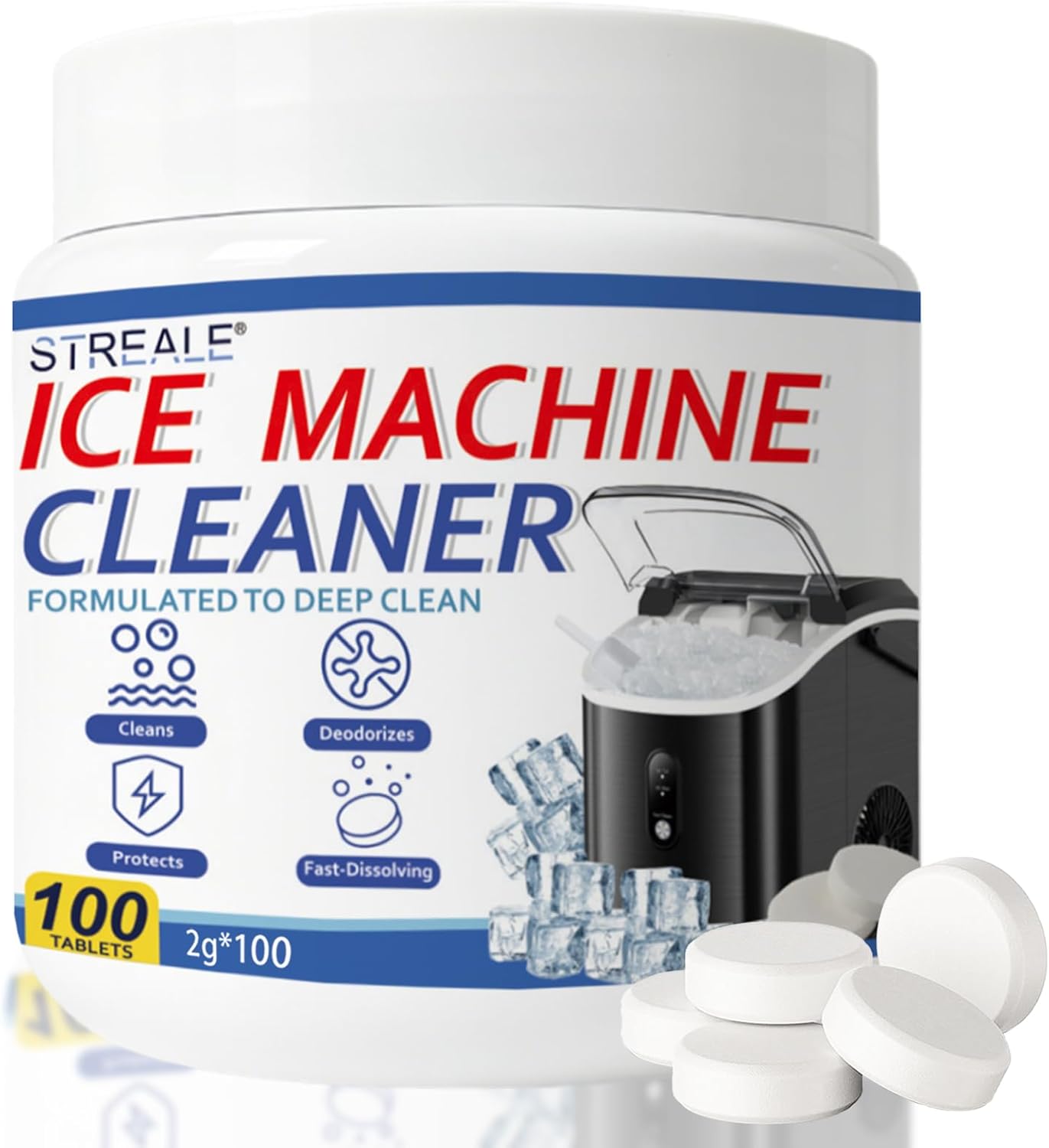 Ice Machine Cleaner Maker and Descaler - 24 Ice Maker Cleaner Tablets Compatible with All Major Brands, Nickel Safe Descaler Countertop Portable Commercial Icemaker Cleaning Solution