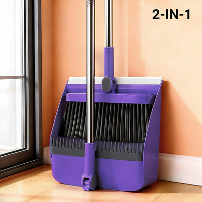 2-in-1 Broom with Dustpan Combo Set,Long Handle Broom Dustpan Combo with Dustpan Teeth to Automatically Clean Hair for Home, Indoor or Outdoor Cleaning Hall Floor (Gray)