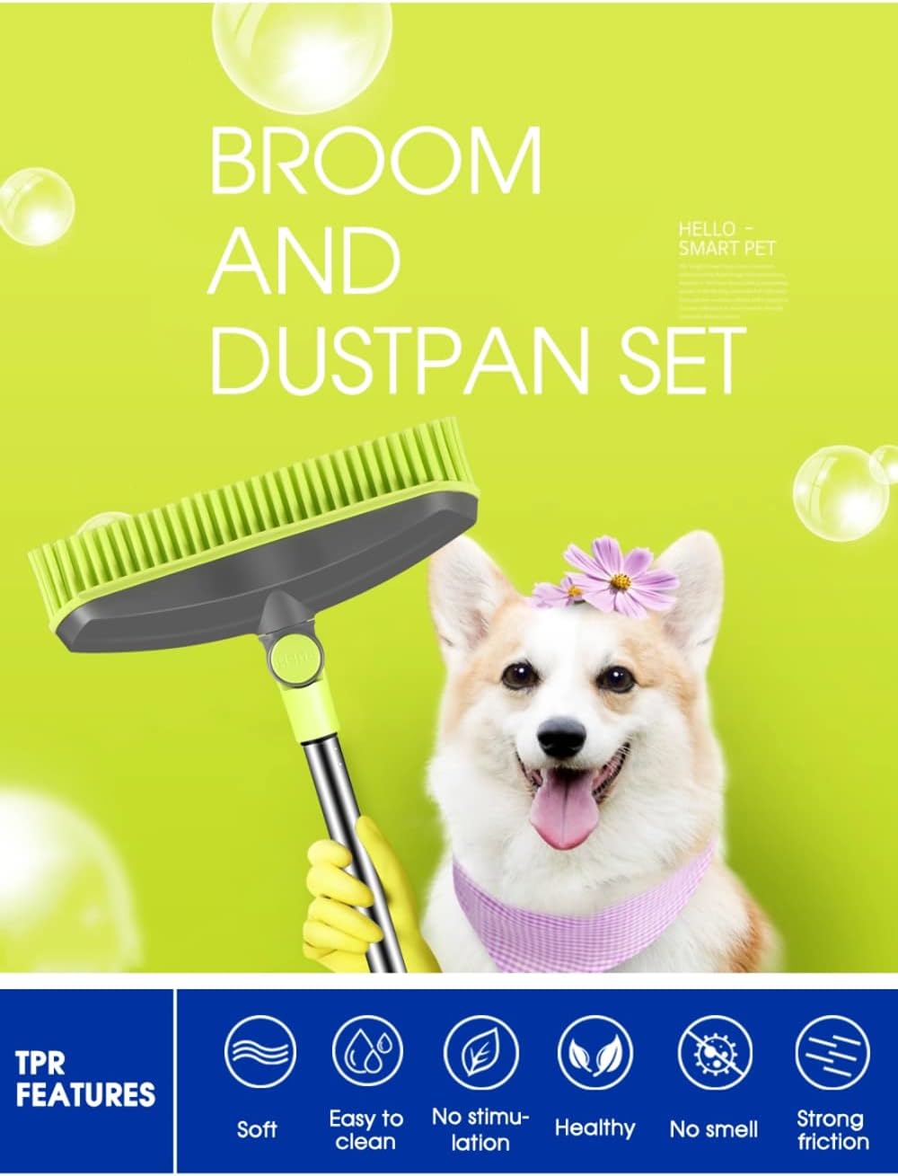 Adjustable Rubber Push Broom and Dustpan Set,Self Cleaning Indoor Outdoor Angle Brooms with Dust pan for Home,Long Handle for Floor Sweeping, Kids,Carpet Dog Cat Pets Offices Use