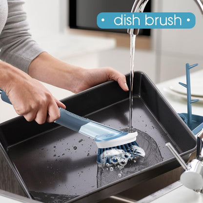 Soap Dispensing Dish Brush Set with Holder - 3 Replaceable Heads (Sponge, Scrubber, Brush) - Long Handle Kitchen Cleaning Brush for Pots, Pans, Sink & Dishes - Non-Slip Grip (Blue)