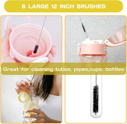 Brush Family Straw Cleaner Brush Set,6 Piece 12" Long Pipe Tube Bottle Brushes for Cleaning Narrow Neck Bottles,Coffee Maker,Glass Cups