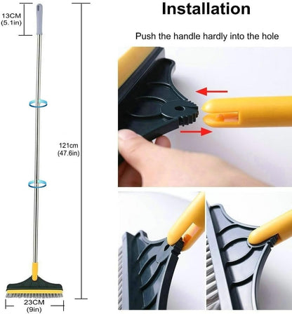 2 in 1 Cleaning Scrub Brush Grout Brush Scrapee 3 Poles 47.6'' Floor Scrub Brush with Long Handle V-Shape Stiff Bristle Brush Scrubber with Squeegee 120°Rotate Shower Cleaning Brush for Bathroom Glass