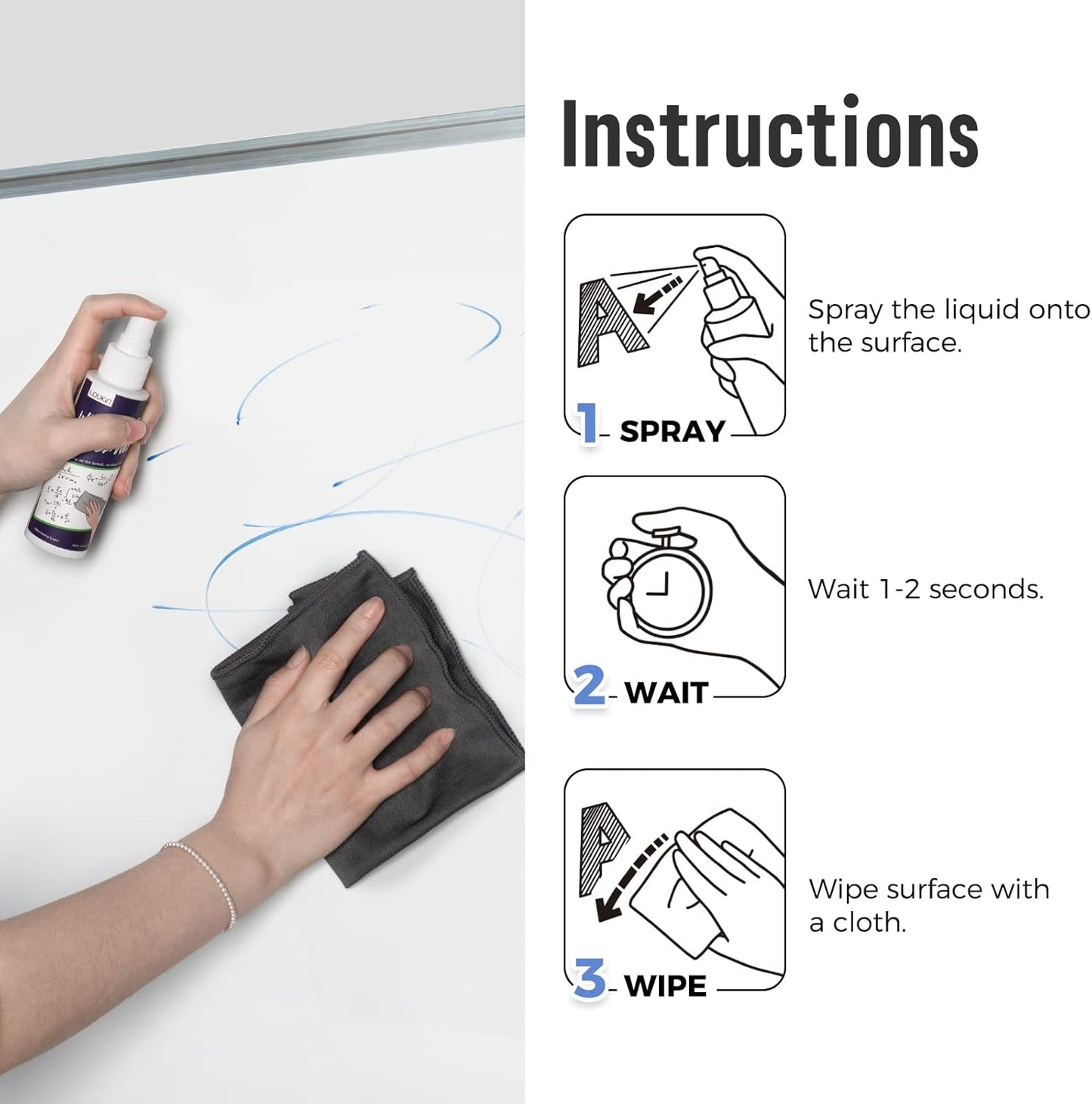 loukin Non-Toxic Whiteboard Cleaner, 8.5 fl oz Dry Erase Board Cleaner, Whiteboard Cleaning Spray with Cloth, Removes Stubborn Marks from Whiteboards