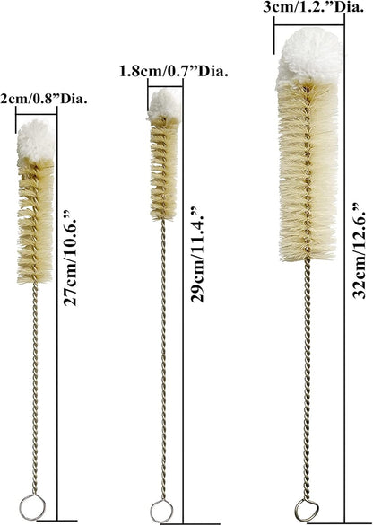 NewFerU Stainless Steel Soda Bottle Cleaning Brush Set in Natural Boar Bristle Wool Tip Long Handle, Flexible Bendable Thick Wire Cleaner for Narrow Neck Water Baby Bottles Straw Pipe Tube Flask (3)