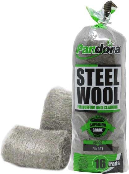 Pandora Steel Wool #2 – Coarse Grade, 16 Pads for Cleaning and Removing - Quality Metal Strands - Ideal to Remove Floor Scuff Marks and Old Wax