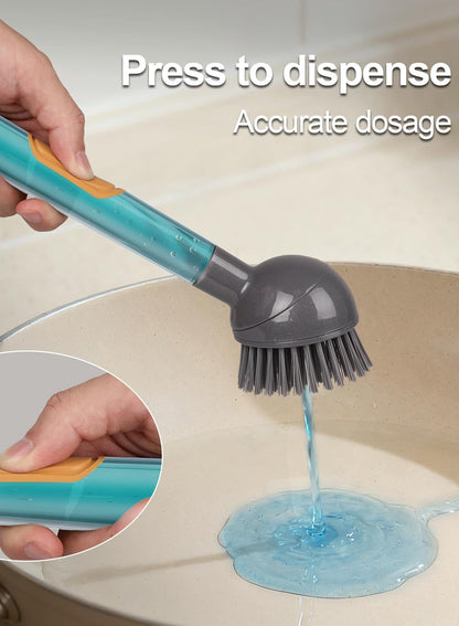 Soap Dispensing Dish Brush Storage Set with 360° Rotating Head, Kitchen Brush with 2 PCS Different Brush Heads & 3 PCS Sponges, Dish Brush Set with Handle for Dishes, Sink, Pans, Pots.