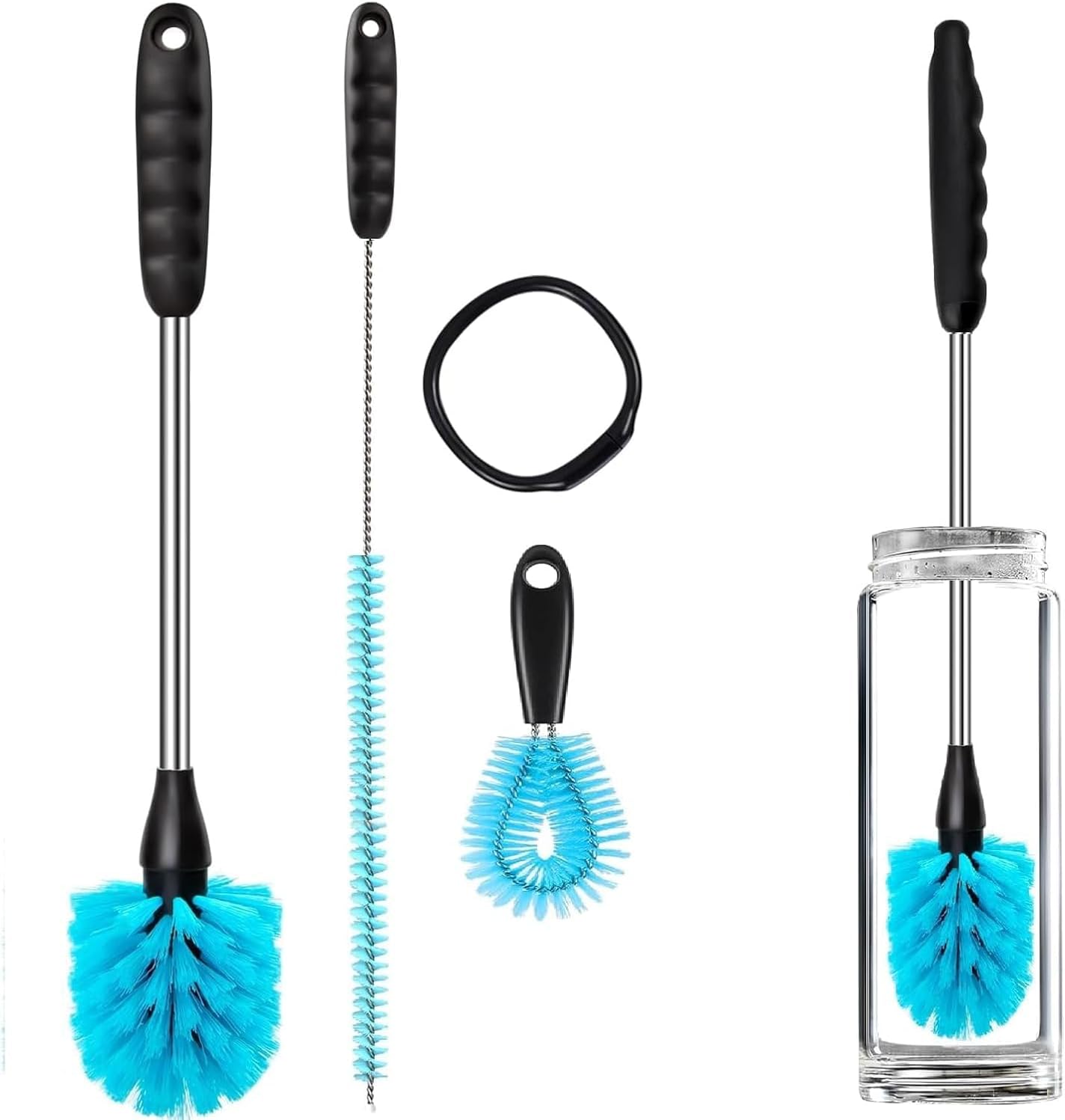 UNIFUN Water Bottle Brush Set, Long Handle 3-in-1 Stainless Steel Water Bottle Scrubbing Brush, Cleaning for Narrow Neck Bottles, Sport Bottles, Baby Bottles, Coffee Mugs, Tumblers, Flask(Short Size)