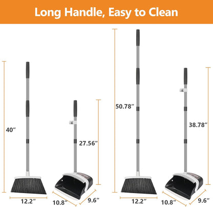 Folews Broom and Dustpan Set, Heavy Duty Dust Pan with Long Handle 51 Inch Broom with Dustpan Combo Set Upright Self-Cleaning Dust Pan Home Kitchen Lobby Indoor Outdoor Sweeping Cleaning Tool - Gray