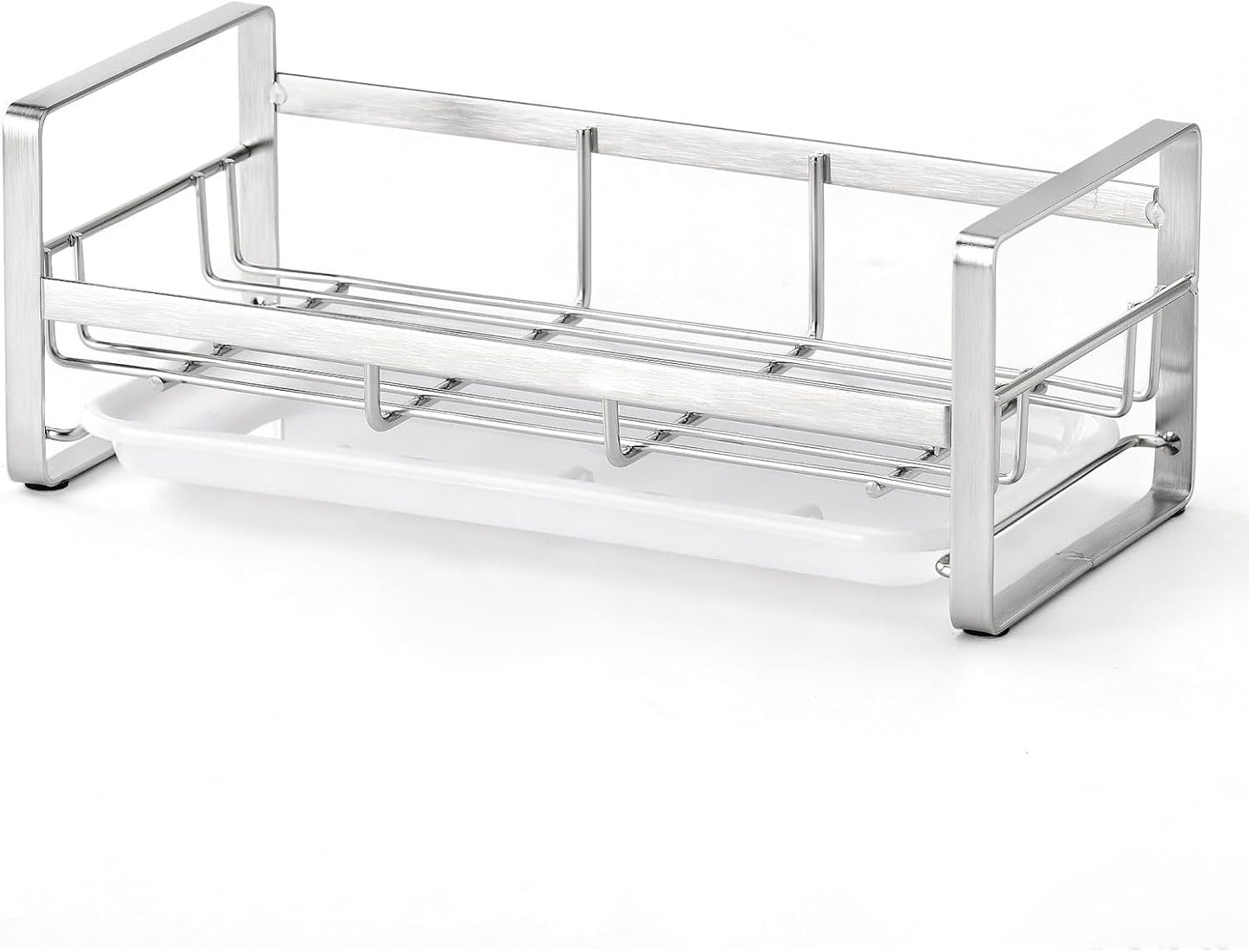 HULISEN Large Sponge Holder, 304 Stainless Steel Kitchen Soap Dispenser Caddy Organizer, Countertop Soap Dish Rack Drainer with Removable Drain Tray, not Including Dispenser and Brush, Silver