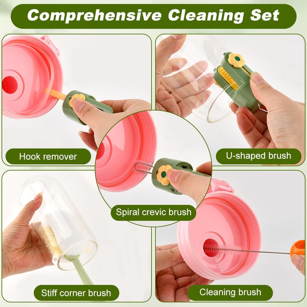5 in 1 Bottle Cleaning Brush Set, Multifunctional Kitchen Lid Brush Cleaning Tool and Straw Cleaner, Long Handle Bottles Scrubber for Cup Lids, Hard Bristle Sponge Head Bottle Brushes