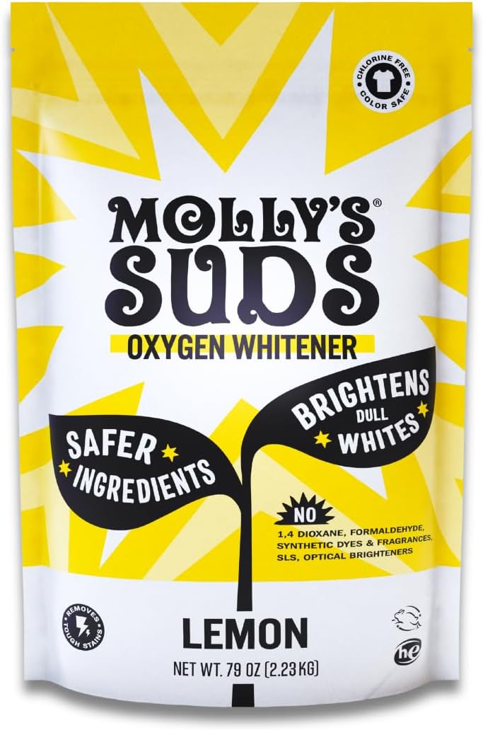 Molly's Suds Oxygen Whitener | Powerful Bleach Alternative, Chlorine Free & Color Safe | Brightens Whites and Removes Stains (Lemon Essential Oil - 41.09 oz)