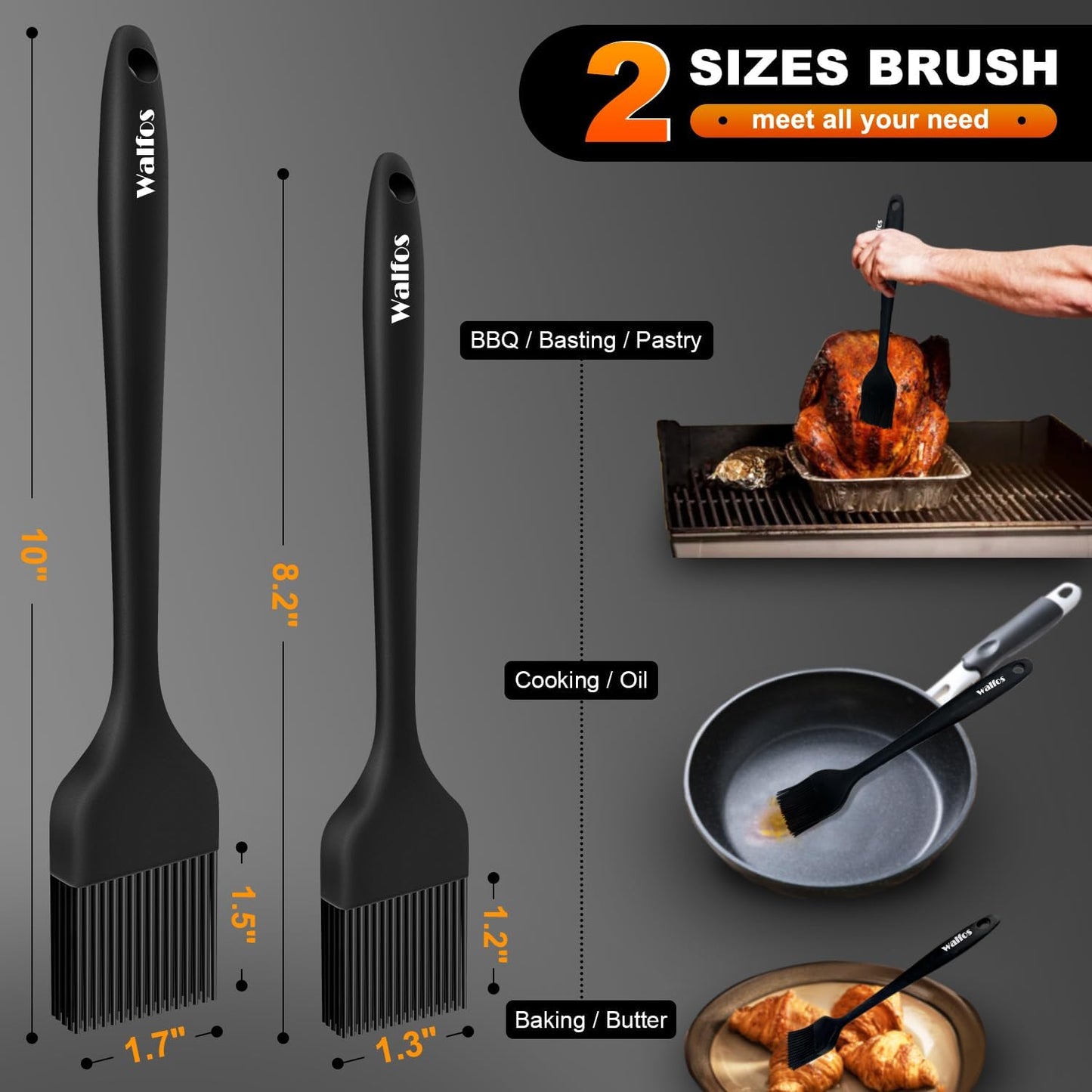 Walfos Silicone Basting Pastry Brush, Heat Resistant Pastry Brush Set, Strong Steel Core and One-Pieces Design, Perfect for BBQ Grill Baking Kitchen Cooking, BPA Free and Dishwasher Safe, 2 Pcs (Blue)