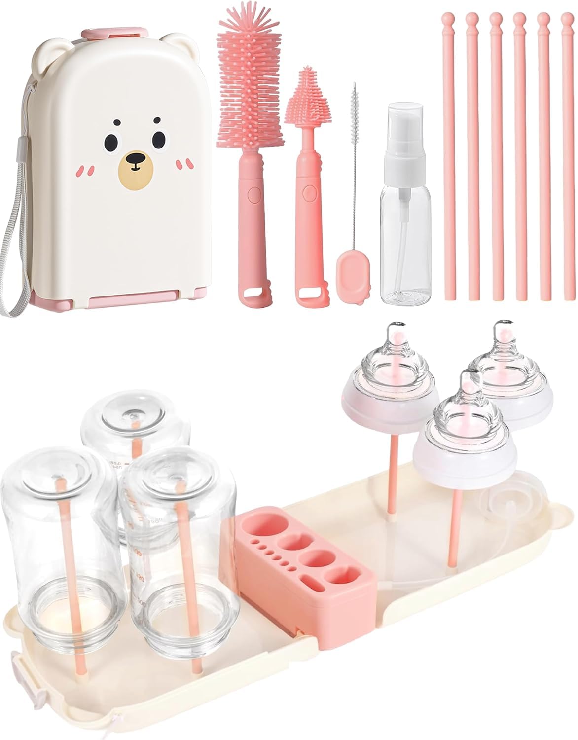 Travel Bottle Cleaner kit, 7in1 Baby Toddler Travel Essential Silicone Bottle Brush Set, Nipple, Drying Rack, Straw, & Breast Pump Cleaning, Soap Dispenser & Organizer Case, Gift Mom
