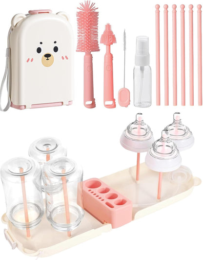 Travel Bottle Cleaner kit, 7in1 Baby Toddler Travel Essential Silicone Bottle Brush Set, Nipple, Drying Rack, Straw, & Breast Pump Cleaning, Soap Dispenser & Organizer Case, Gift Mom