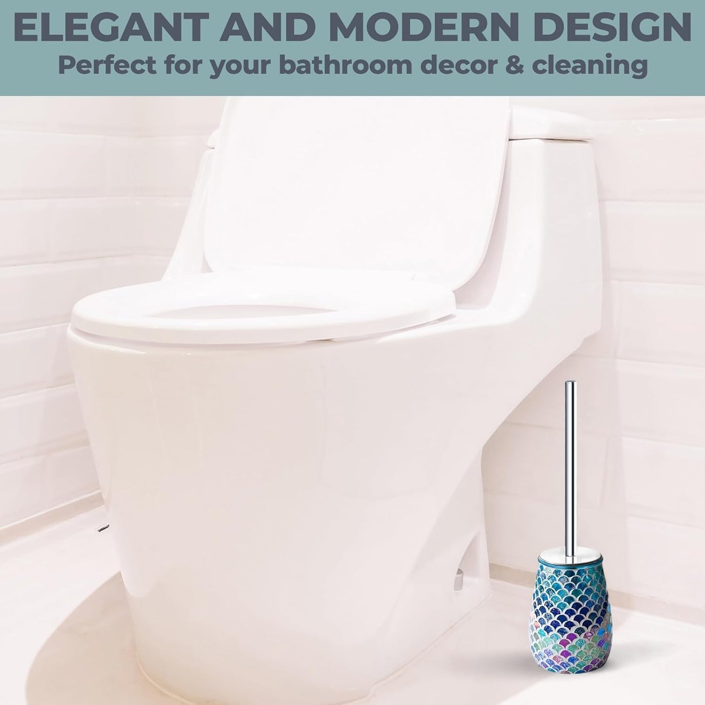 Escenzy Turquoise Green Toilet Brush and Holder Set Mosaic Glass | Non-Rustic Stainless Steel | Practical & Decorative Toilet Bowl Brush and Holder | Luxury Green Bathroom Accessories