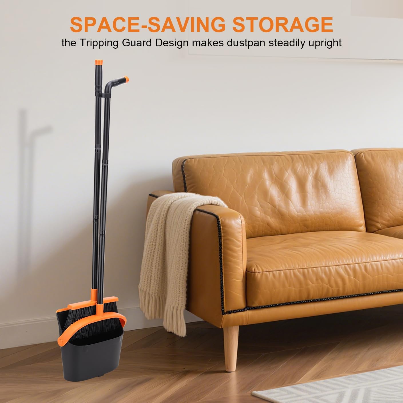 Broom and Dustpan Set - 56" Long Adjustable Handle Broom with Upright Standing Dustpan Combo for Home,Kitchen, Shopping Mall and Factory Indoor&Outdoor Sweeping