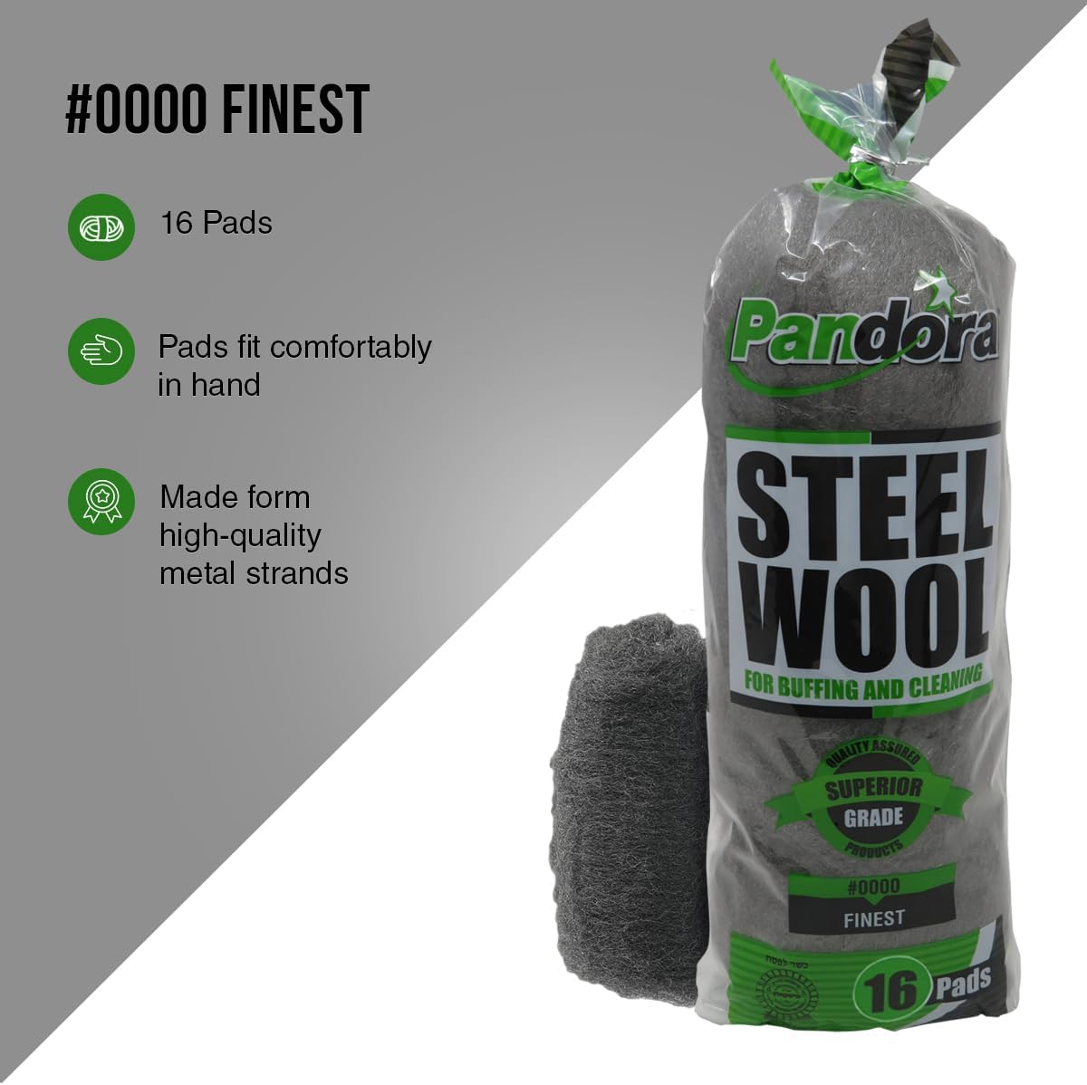Pandora Steel Wool #2 – Coarse Grade, 16 Pads for Cleaning and Removing - Quality Metal Strands - Ideal to Remove Floor Scuff Marks and Old Wax