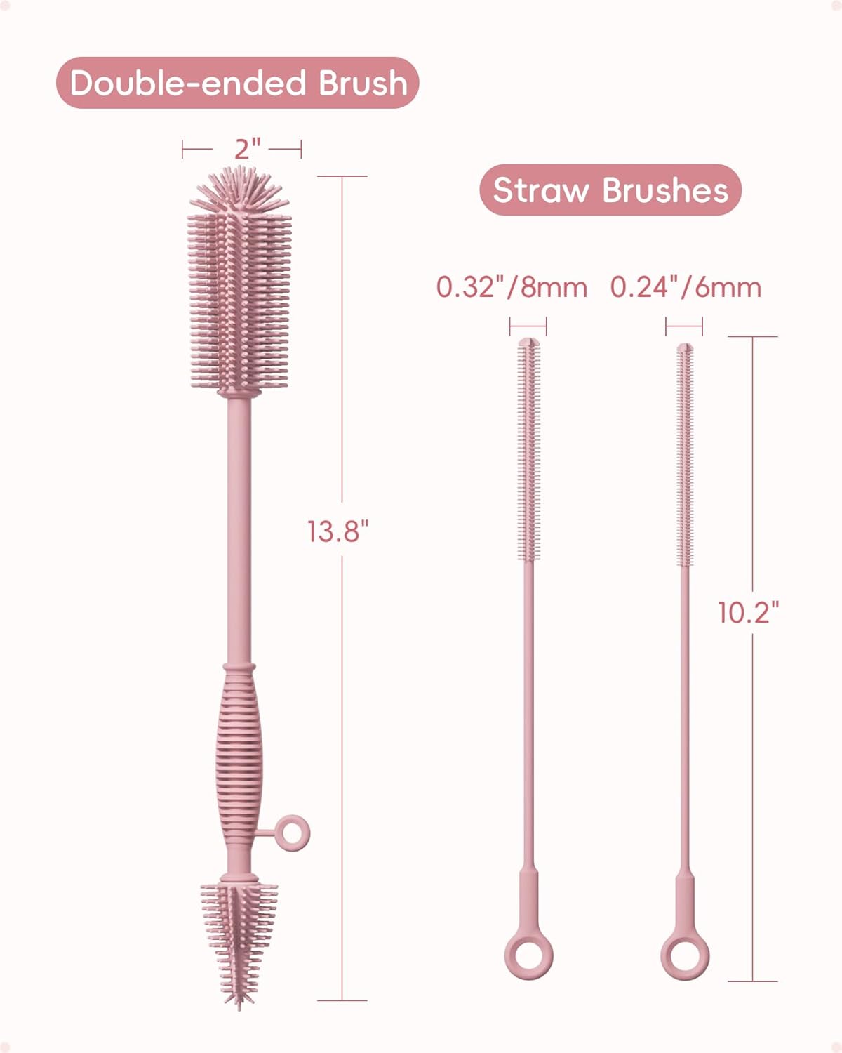 Reusable Silicone Straw Cleaner Brush Set, 2-Pack Extra Long Straw Cleaning Brush for Metal Glass Water Bottle Drinking Straws, Flexible&Bendable Design, Dishwasher Safe, 6mm & 8mm Diameter
