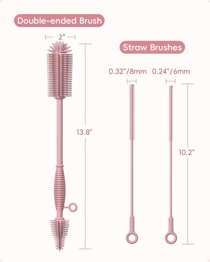 Reusable Silicone Straw Cleaner Brush Set, 2-Pack Extra Long Straw Cleaning Brush for Metal Glass Water Bottle Drinking Straws, Flexible&Bendable Design, Dishwasher Safe, 6mm & 8mm Diameter