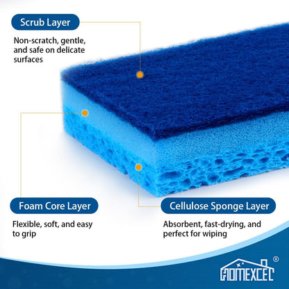 HOMEXCEL Sponges Kitchen 12pcs, Non-Scratch Scrub Dish Sponge Safe on Non-Stick Cookware, Dual Sided Cleaning Sponges for Kitchen, Household, Bathroom and More
