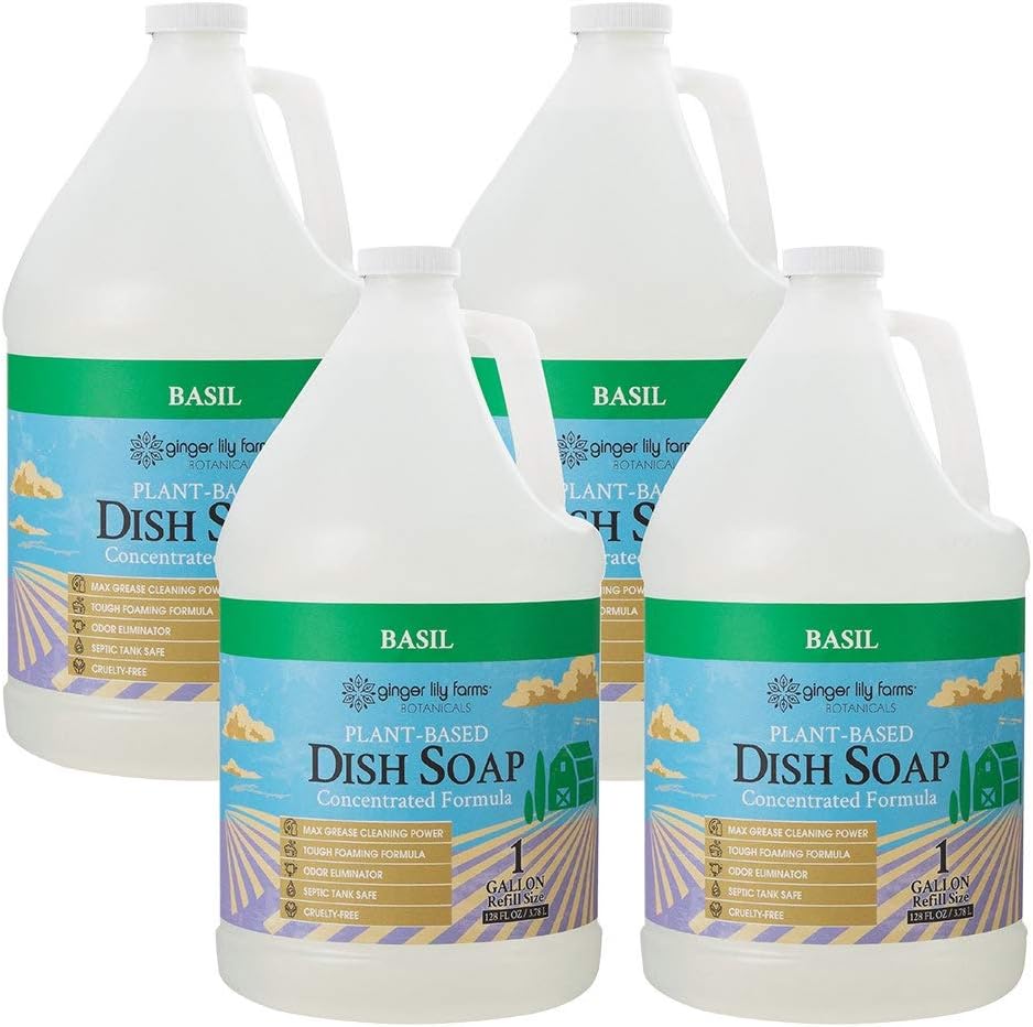 Ginger Lily Farms Botanicals Plant-Based Liquid Dish Soap, Concentrated Formula with Max Grease Cleaning Power, Cruelty-Free, Fragrance-Free, 1 Gallon Refill (128 Fl. Oz.), Clear