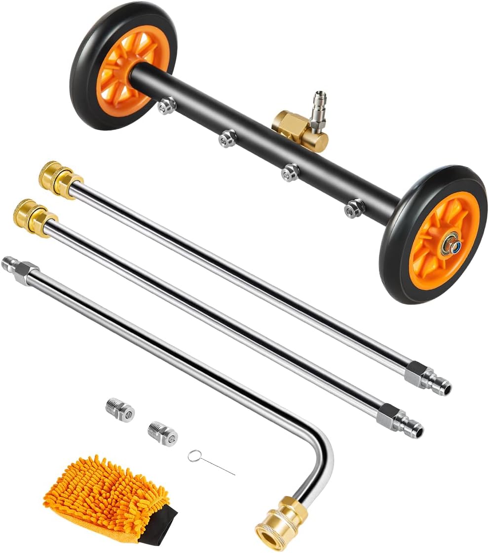 VEVOR 16 Inch Pressure Washer Undercarriage Cleaner, 4000 PSI Stainless Steel Cleaner with Angle Adjustment and 4 Nozzles, with 2 Extended Wands for Driveway, Patio, Deck