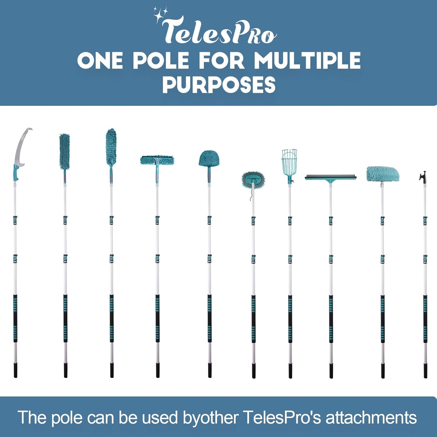 TelesPro 20 Foot High Reach Duster Kit with 5-12FT Extension Pole High Ceiling Dusting and Window Cleaning Kit with Telescopic Pole Window Washer&Squeegee,Cobweb Duster,Fan Duster and Feather Duster