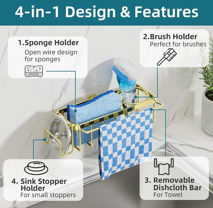 TAILI 4-in-1 Sink Caddy with Strong Suction Cup, Sponge Holder for Kitchen Sink Organizer, Removable, Rustproof, Stainless Steel Holder for Sponge, Brush, Scrubber, Scraper - Silver
